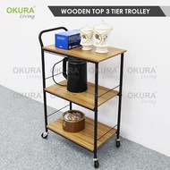 OKURA Wooden 3 tier Kitchen Trolley Kitchen Cart Storage Rotating Trolley Penyimpanan Berputar Troli