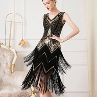 YXL Women's Great Gatsby Dress V Neck Sequin Beaded Long Fringe Roaring 20s Party 1920s Flapper Dress