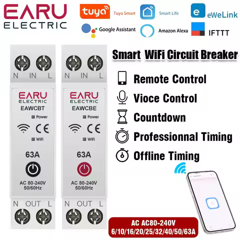 1P 1P+N WiFi Smart Circuit Breaker Time Relay Switch Remote Control by Tuya Smart /eWeLink App for A