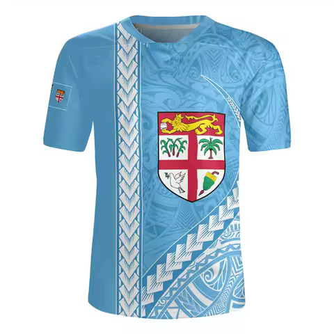 The Republic-of Fiji Flag 3D Printing V Neck T Shirt Fiji Rugby-Jersey Emblem Graphic V neck T Shirt
