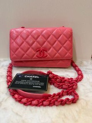 chanel 香奈兒 黑卡30開 西瓜粉荔枝紋牛皮粉扣 woc鏈條包 19cm