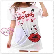 ♥小花花日本精品♥ Hello Kitty 上衣 衣服 T恤 長版棉T洋裝紅唇 口紅(白色)10407509
