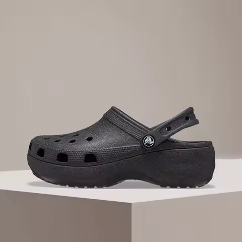 Crocs Classic Platform Clog Black Fashionable Trendy Fine-Glitter Thick-Soled Height-Enhancing Women