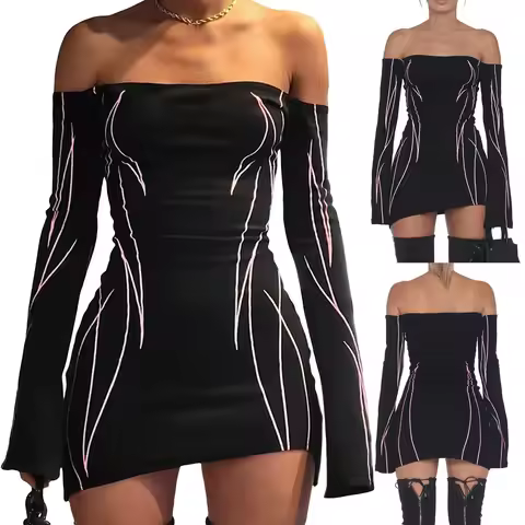 Hot Women´s Y2k Slim Bodycon Mini Dress, Gothic Printed Off Shoulder Long Sleeve Black Club Dress St