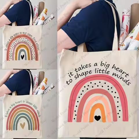 Rainbow Pattern Tote Bag, Casual Canvas Shoulder Bag, Reusable Foldable Storage Tote Bag Shopping Ba