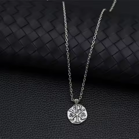 Vintage Chi-Rho Pendant Necklace for Men | Retro Silvery Alpha Omega Symbol Jewelry | Religious Fait