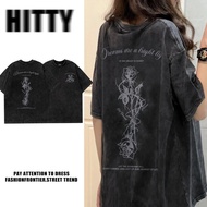 HITTY Baju t shirt perempuan tshirt woman korean style woman washed black cotton shirt oversized shi