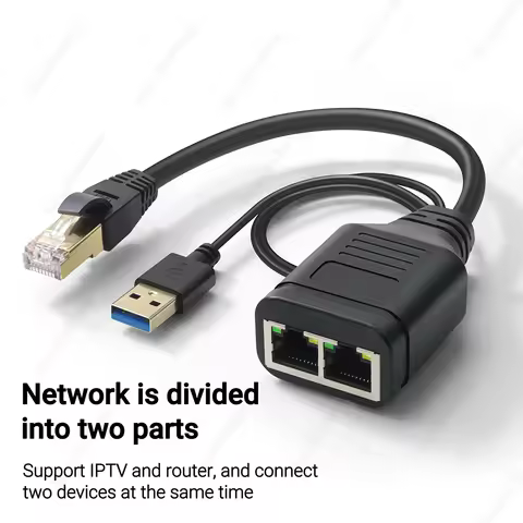 Ethernet Splitter 1 to 2 Ways Dual Female Port ABS Stable Transmission RJ45 LAN Adapter for Cat6 Cat