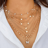 7pcs Set Fashion Elegant Faux Pearl Crystal Heart Butterfly Star Disc Pendant Multilayer Necklace Fo