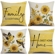 Linen Pillow Case Sarung Bantal 40x40/45x45/50x50cm Yellow Sunflower Bird "Family is ..." Pattern Cu
