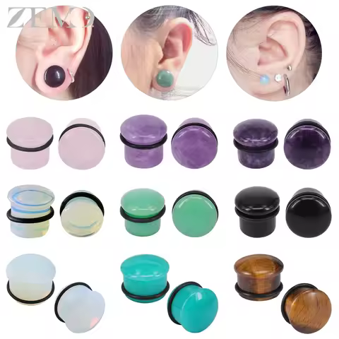 ZEMO 2pcs/lot Natural Stone Ear Plugs And Tunnel Unisex Punk Large Gauges Single Flare Flesh Streche