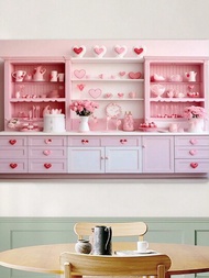 1入組廚房蛋糕櫥攝影工作室櫥子背景浪漫裝飾橫幅，粉紅色心形和花卉設計，為兒童女孩裝飾