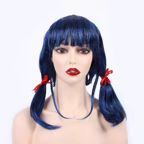 Anime Girls Blue Wig Cosplay Ladybug Halloween Costumes Accessories Young Women Wig Two Braids Party