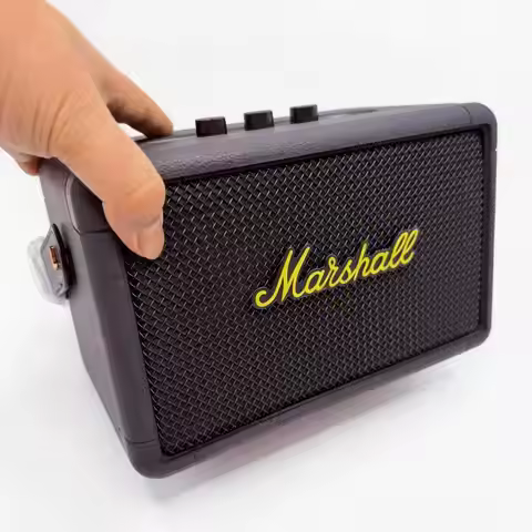Marshall Kilburn II Portable Bluetooth Speaker, Black Leather Texture, Yellow Logo, Outdoor Stereo B