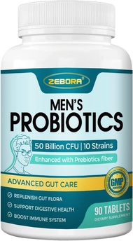 ZEBORA Probiotics for Men, Probiotics and Prebiotics for Digestive Health, 90 Tablets, 50 Billion CFUs for Immune/Prostate/Gut Health, 10 Strains, Hypoallergenic Probiotics, Shelf Stable, Gluten &amp; Soy Free 90.0 Servings (Pack of 1)