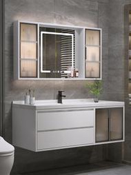 Metis 簡約磨砂白玻璃層板帶燈鏡浴室衛生間鏡帶置物架掛墻式單獨