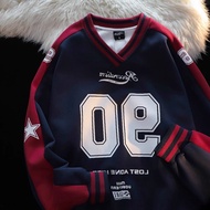 Retro American College Style Color Block V Neck Sweatshirt Loose Oversize Sportswear for Men And Wom