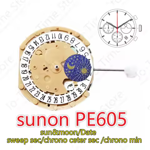 PE605 Movement Sunon Pe60 Quartz Watch Movement Sweep Second Chronograph Chrono Center Second/Chrono