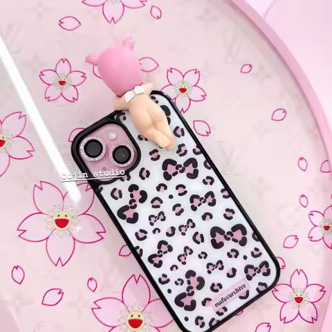 Ins Korean Cool Girl Pink Leopard Print Bows Luxury Phone Case For iPhone 16 15 14 13 12 11 Pro MAX 