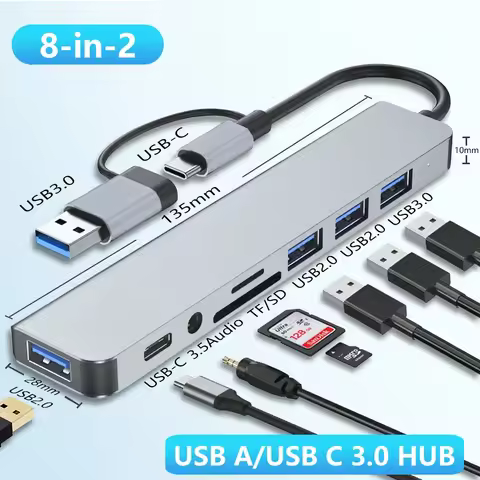 8 in 2 HUB Docking Station Dual Interface USB-C USB3.0 Highspeed Data Transmission Compatible Multip