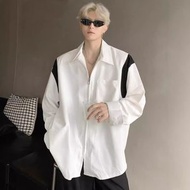 白色襯衫男潮牌拼接長袖恤衫外套 秋季痞帥設計感男生制服- 白色 M