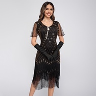 Sequined Tassel Dress - Retro 1920s Beaded Short Sleeve