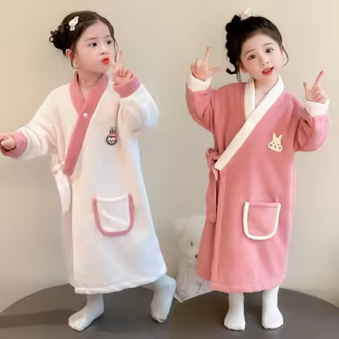 Girls 7 To 12 Years Old Autumn Winter Robe Pure Color Nightgown Comfortable Bathrobe Loose Loungewea