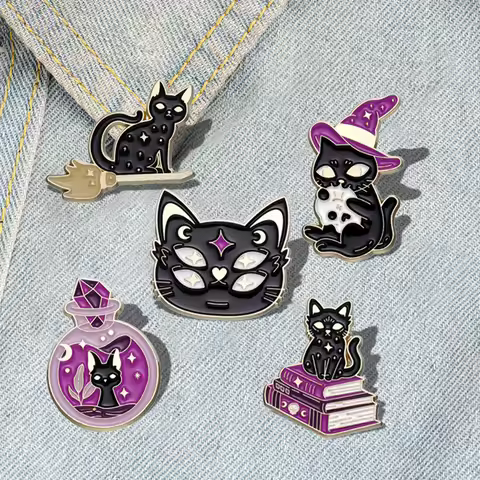 Witch Cats Enamel Pins Custom Black Kitten Spell Book Magic Potion Brooches Lapel Badges Gothic Anim