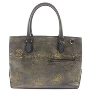 成色極佳：BERLUTI Toujours Scritto 灰色皮革書法金色包漿手提包，附防塵袋，義大利製，男士款