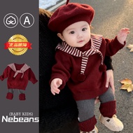 Three-Piece Suit 0-4 Years Old Genuine Red Male Female Baby Navy Collar Knitted Wool Suit One Year O