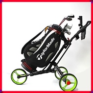 3 Wheel Golf Push Cart Aluminium Alloy Trolley with Umbrella Holder Foldable Golf Bag Cart Four Wheels Bottle Cage Fixing Rope Manual Brake