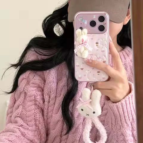 Luxury embossing leather Cute Miffy Bow phone Case For iPhone 13 14 15 16 17 Pro Max Lovely Cartoon 