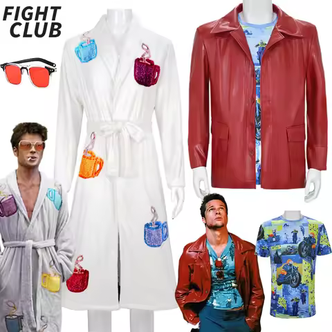 Tyler Durden Cosplay Movie Fight Club Costume Tyler Jacket PU Leather Bathrobe Glasses Full Set Men 