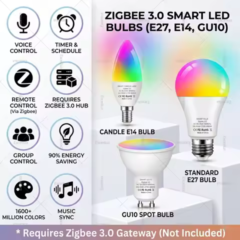 Zigbee 3.0 Smart Light Bulb E27 E14 GU10 RGBCW 2700-6500K LED Lamp Works with Zigbee2MQTT Home Assis