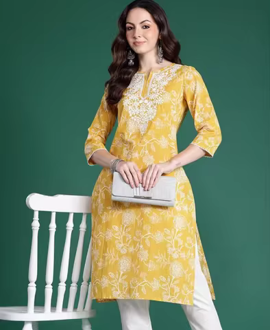 Traditional Indian Shirt Women Long Kurta Spring Tops Embroidery Yellow Blouse