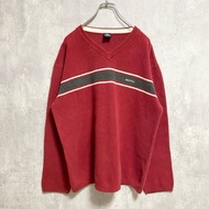 古著 NAUTICA 長袖 V 領針織毛衣，帶單一標誌刺繡，紅色，超大號，XL 碼