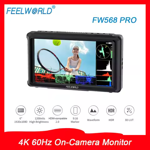 FEELWORLD FW568 PRO On-Camera Monitor 4K 60Hz 6" 1200nit LED HDMI-compatible for DSLR Photography & 