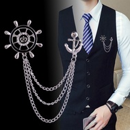 1pc French Retro Boat Rudder Shaped Metal Brooch Crown With Wings Double-layer Chain Suitable For Di