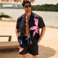 Men's Floral Print Short Sleeve Single Breasted Shirt And Shorts Beach Outfit Set, Resort Wear Baham