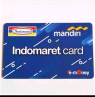 Kartu Indomaret Mandiri e-money berwarna biru dengan logo Indomaret dan Mandiri serta tulisan "Indom
