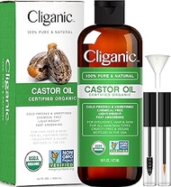 Cliganic USDA Organic Castor Oil, 100% Pure (16oz with Eyelash Kit) - For Eyelashes, Eyebrows, Hair &amp; Skin | Bulk, Natural Cold Pressed Unrefined Hexane-Free | DIY Carrier Oil