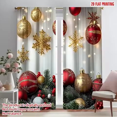 2pcs 2D flat printing Curtain Red and Gold Ball Pine Branch Snowflake Polyester Without Electricity 