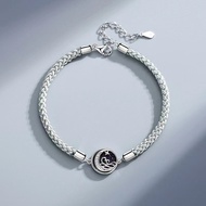 【User-friendly】 Moons and Stars Pattern Copper Nameplate Braided Rope Couple Bracelet Black Pendant