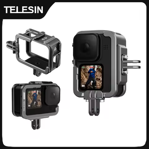 TELESIN Aluminium Alloy Frame Case For GoPro 12 11 10 9 Double Clod Shoe Protective shell For GoPro 