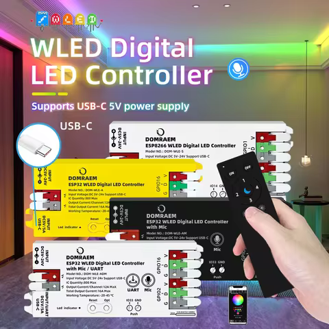 DOMRAEM ESP8266/ESP32 USB-C WLED Digital LED Controller | WS2814/12B/05/APA102 RGB IC Strips | 16A F