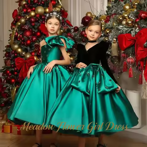 Meadow Emerald Green Flower Girl Dress 3D Bow on Shoulder Kids Birthday Party Dress Rhinestone Tutu 