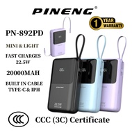 3C Certificates Pineng PN-892PD 20000mAh PD 22.5W 20W Fast Charging Powerbank Built in Dual-Cable Di