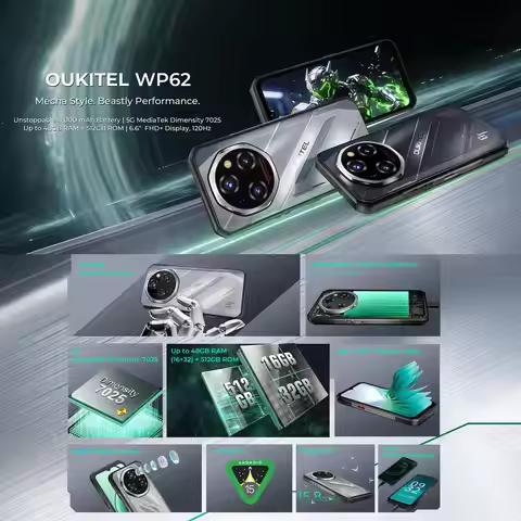 Oukitel WP62 5G Rugged Phone 6.6" FHD+ 108MP Camera 36GB(12+24) +512GB 11000mAh 33W Android 15 Dimen
