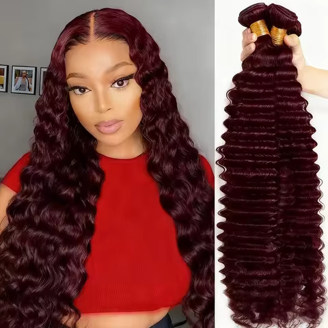 Burgundy Curly Hair Weaving 100% Human Hair Bundles Red Wine Color #99j Deep Wave Bundles Remy Hair 