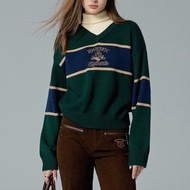 Women's V-Neck Knit Sweater with Hogwarts Gryffindor Stripe Print Long Sleeve